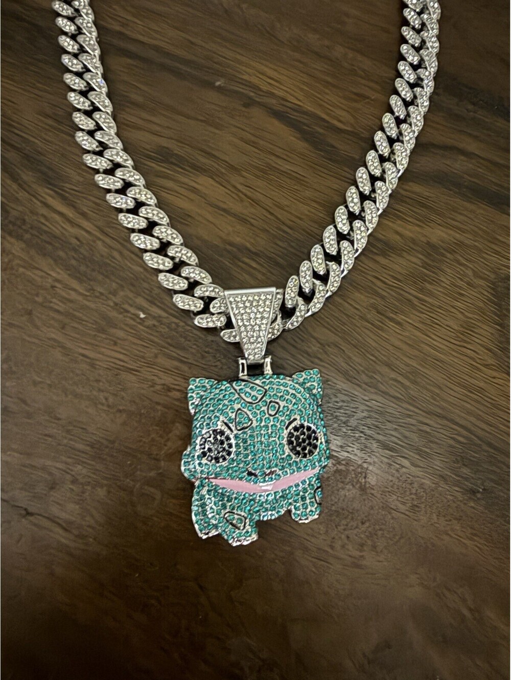 Bulbasaur Pokemon Style Iced Out Pendant Cuban Link Chain Silver Tone Rhinestone